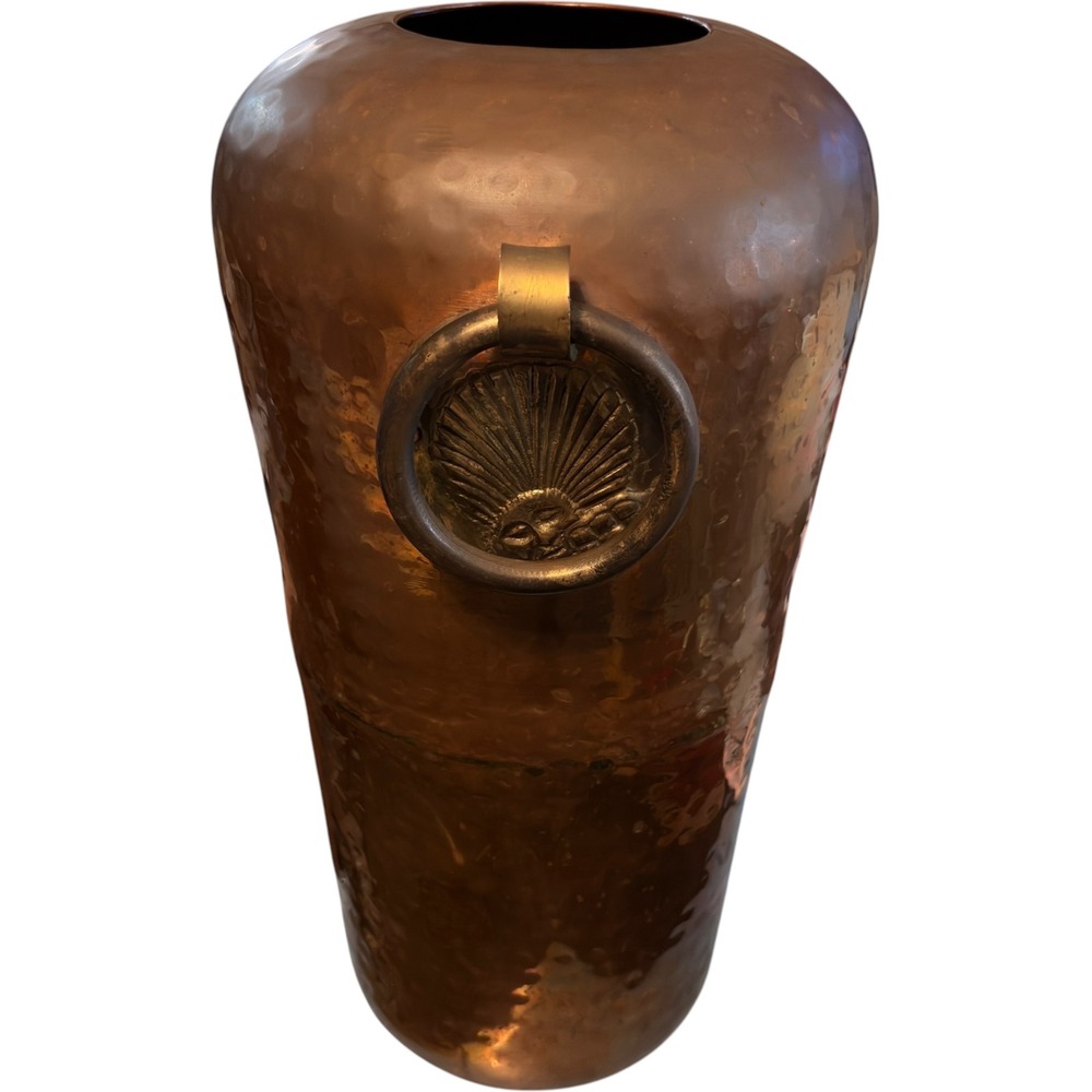 Vintage Hammered Copper Floor Vase Brass Sunface Ring Handles Made in India 15"